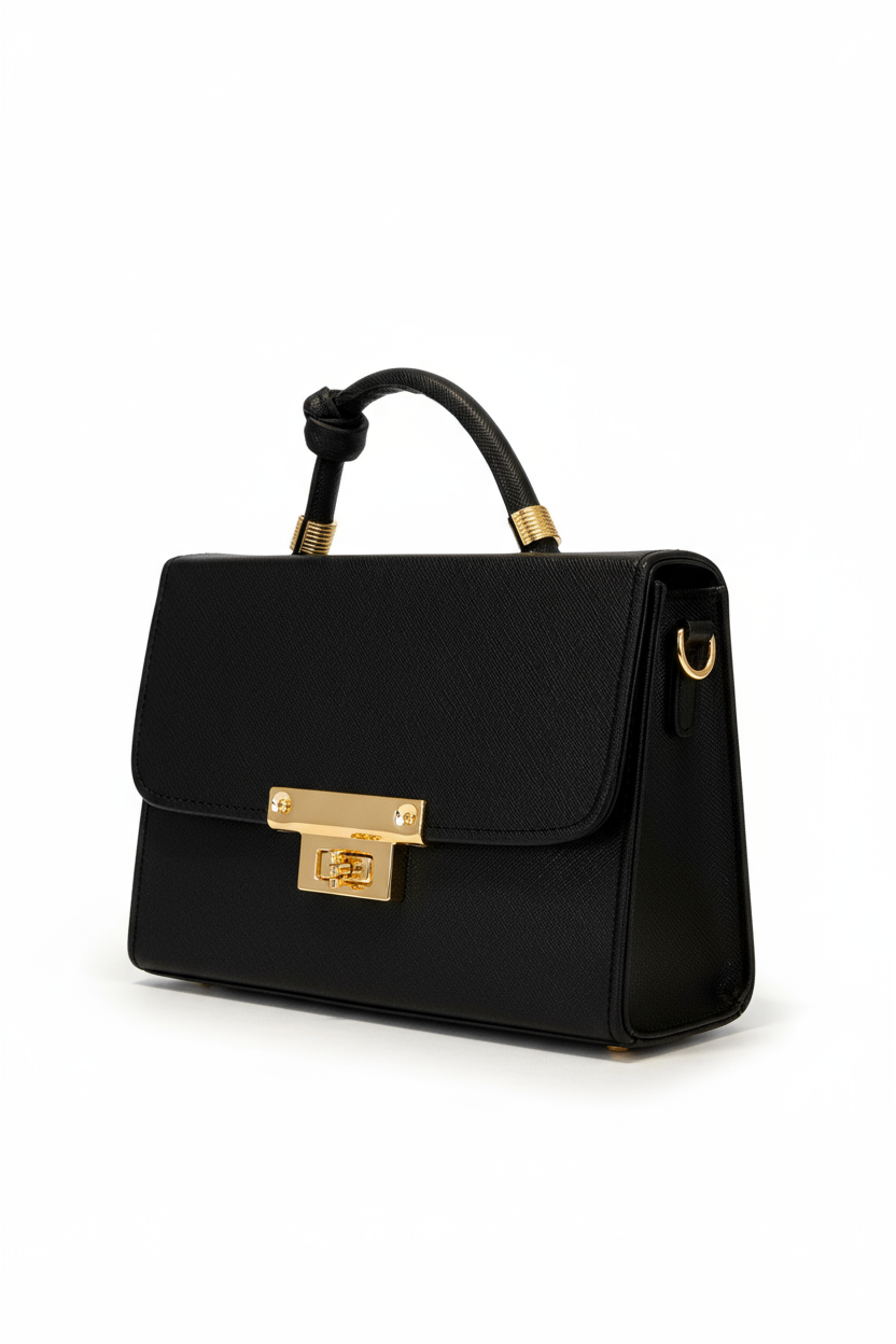 PRAGA – Bolsa mini estructurada con herraje dorado y asa con nudo decorativo