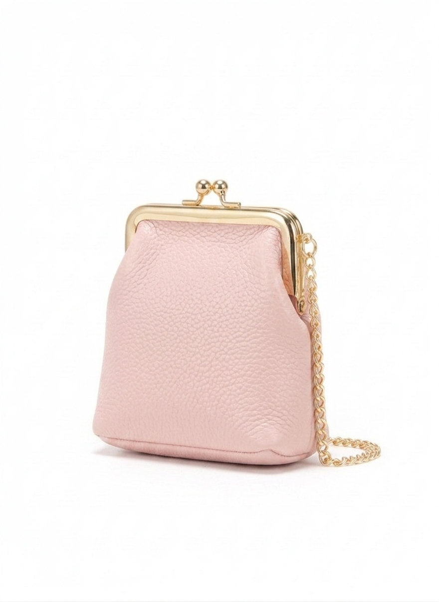 Monedero mujer verde pistache con broche kiss lock dorado, cadena eslabonada y textura pebble – DALALI