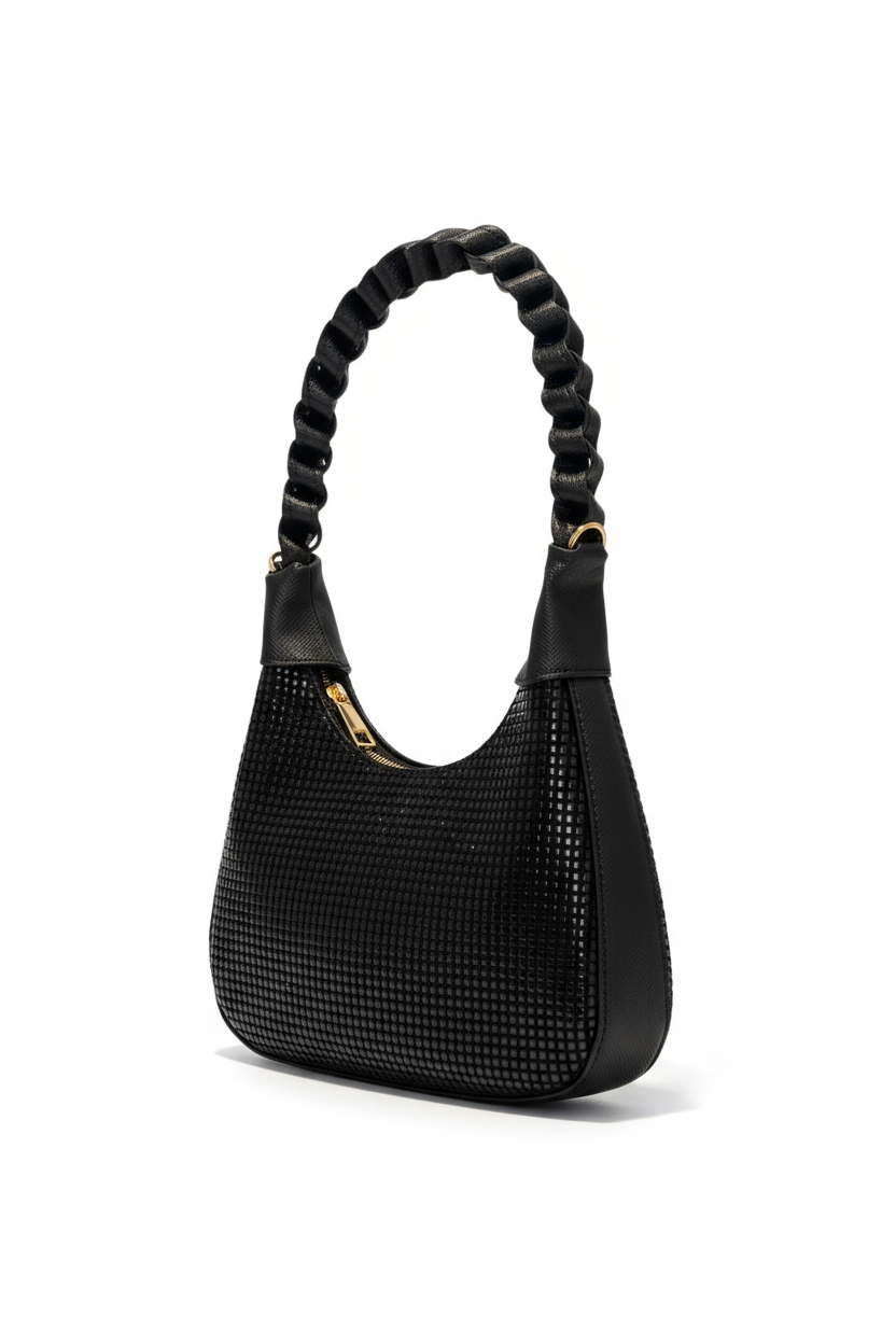 ISLA – Bolsa mini tipo hobo con asa trenzada y brillo elegante