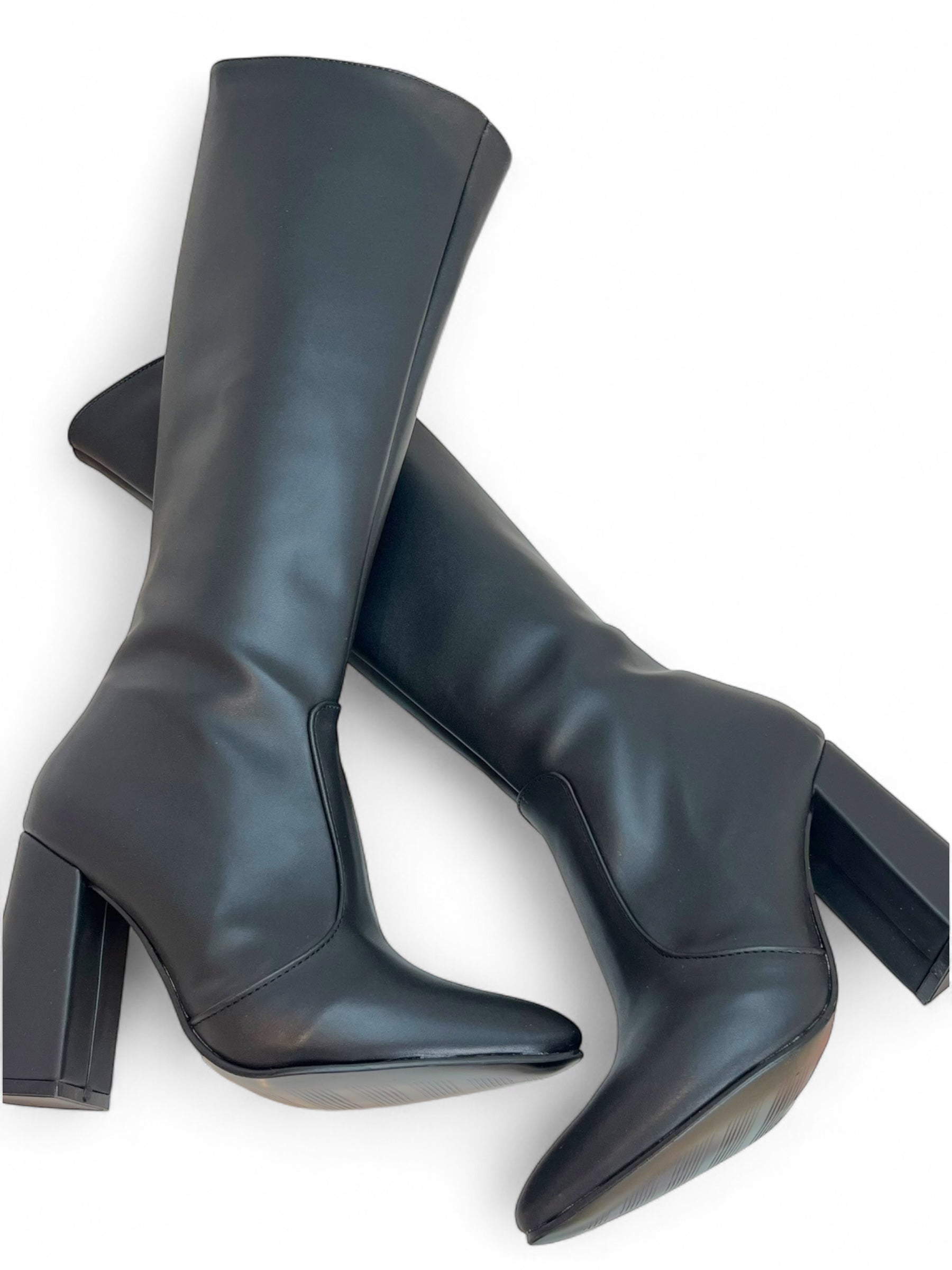 ATENA – Botas negras altas a la rodilla de tacón bloque de 9 cm