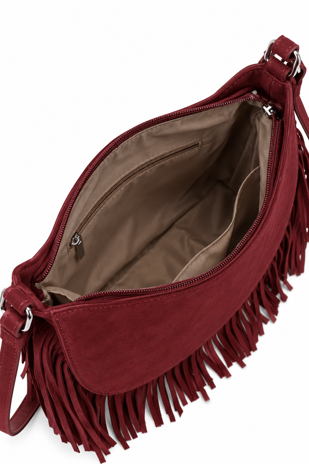 Bolso de hombro con flecos y estoperoles efecto gamuza – DURANGO