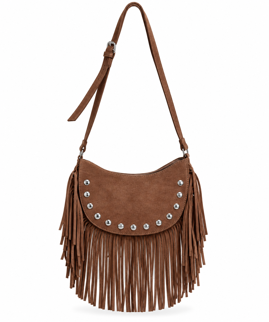 Bolso de hombro con flecos y estoperoles efecto gamuza – DURANGO
