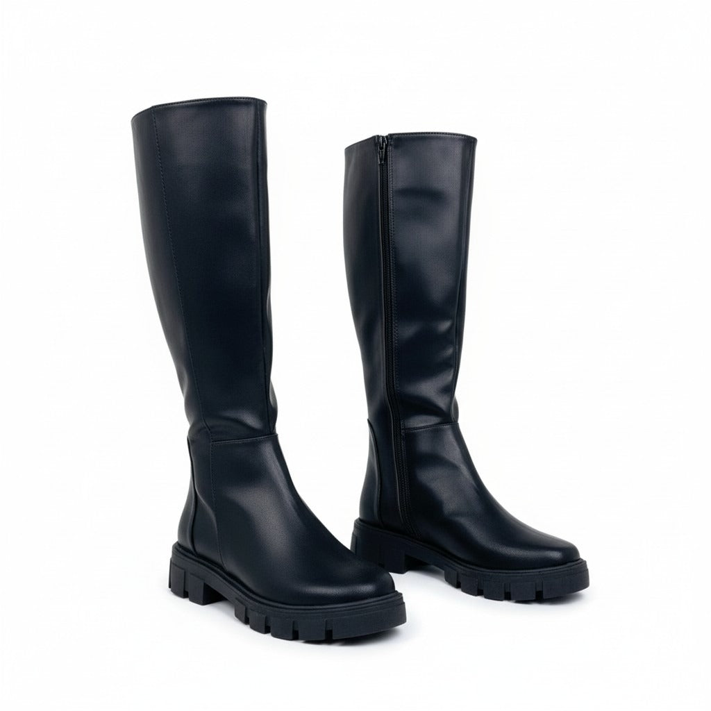 Bota alta negra caña larga 36 cm con suela chunky 4 cm y punta cuadrada, marca DALALI, tallas 23 a 26