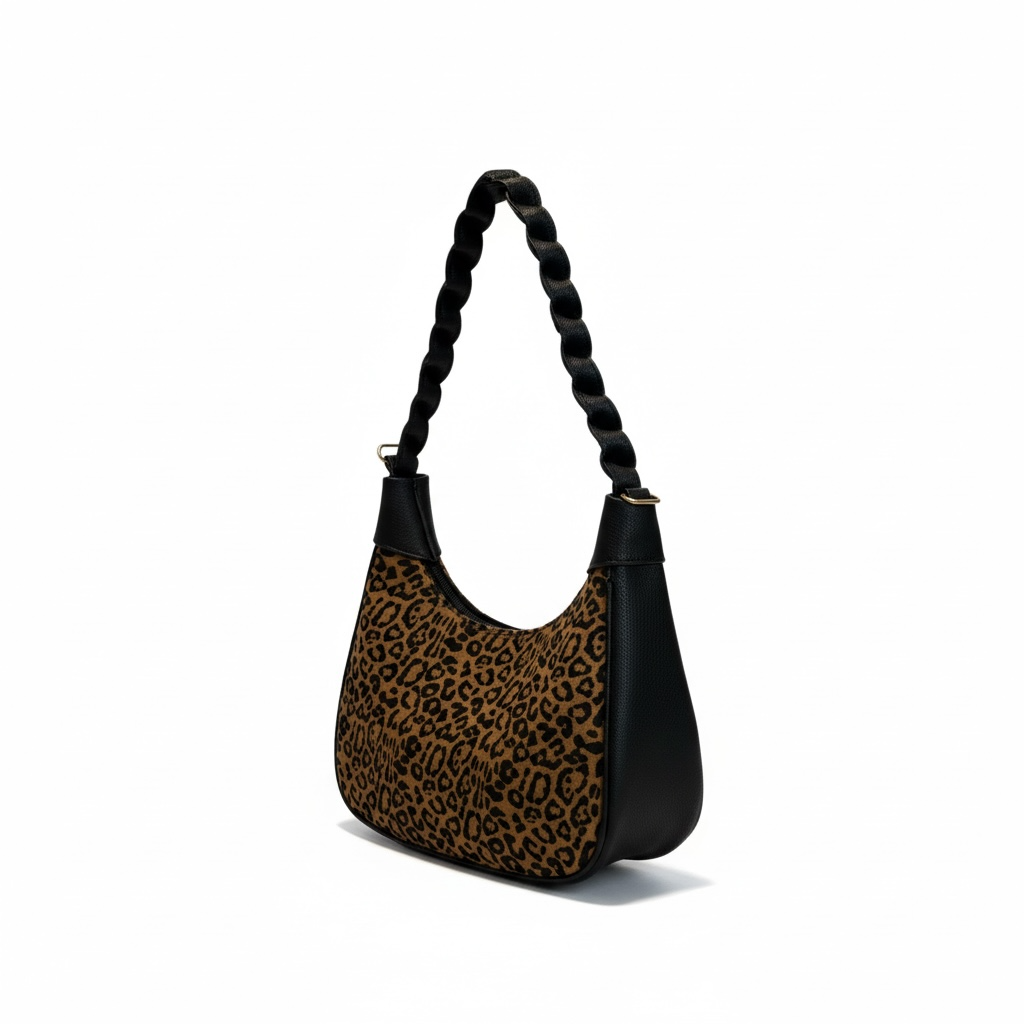 ALESSIA - Bolsa mini de forma media luna con asa trenzada y estampado animal print