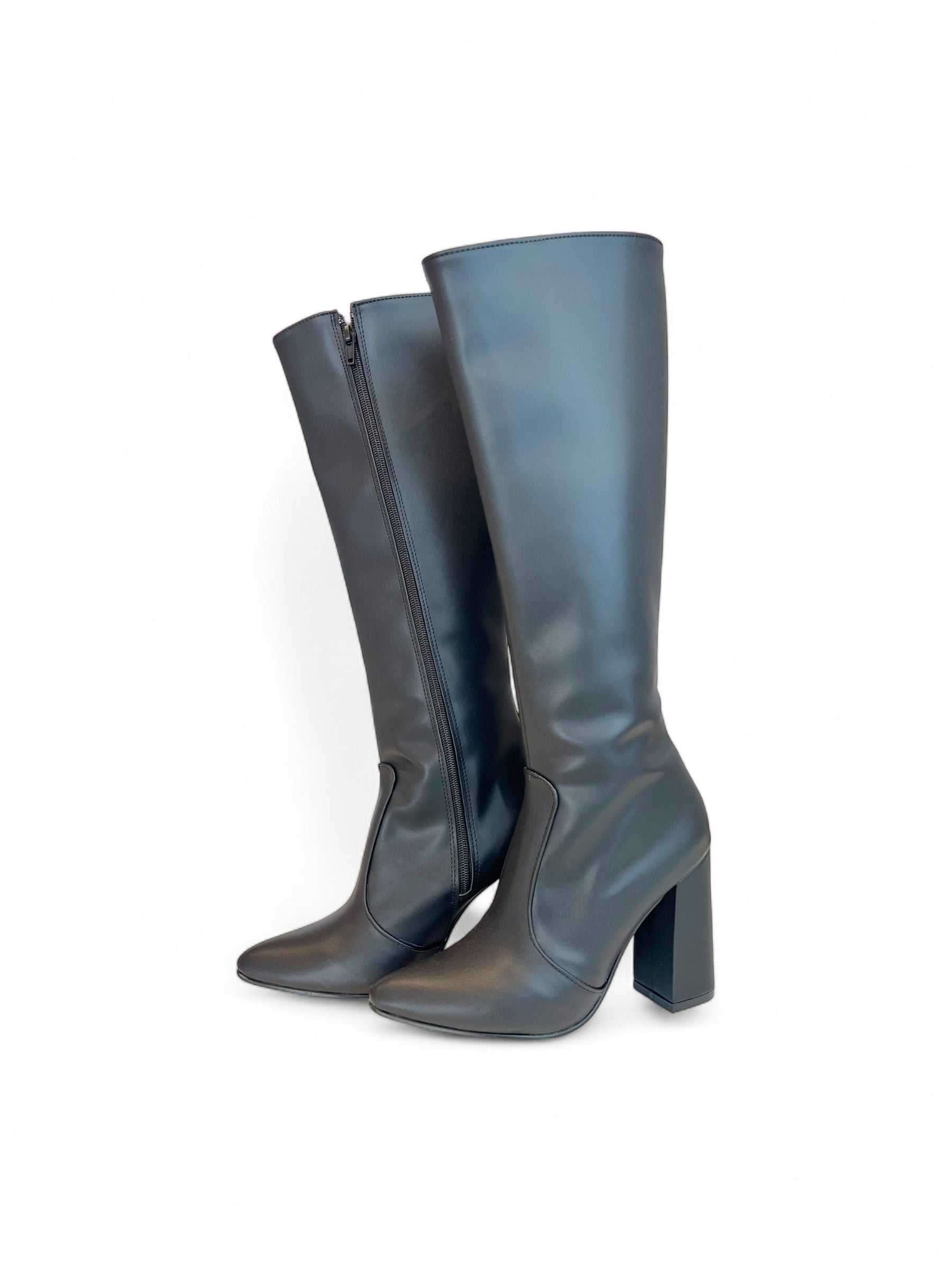 ATENA – Botas negras altas a la rodilla de tacón bloque de 9 cm