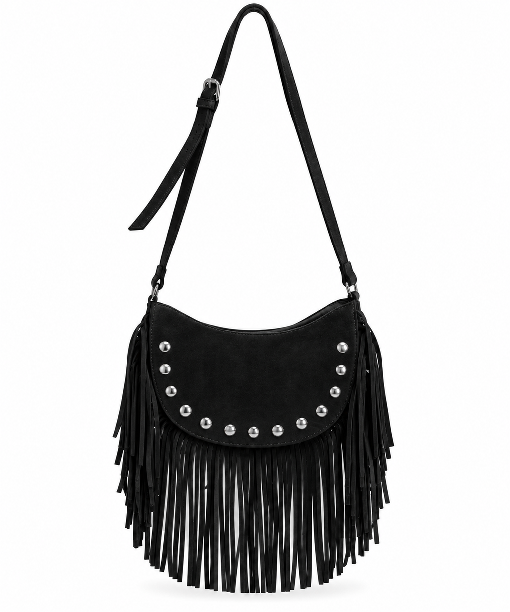 Bolso de hombro con flecos y estoperoles efecto gamuza – DURANGO