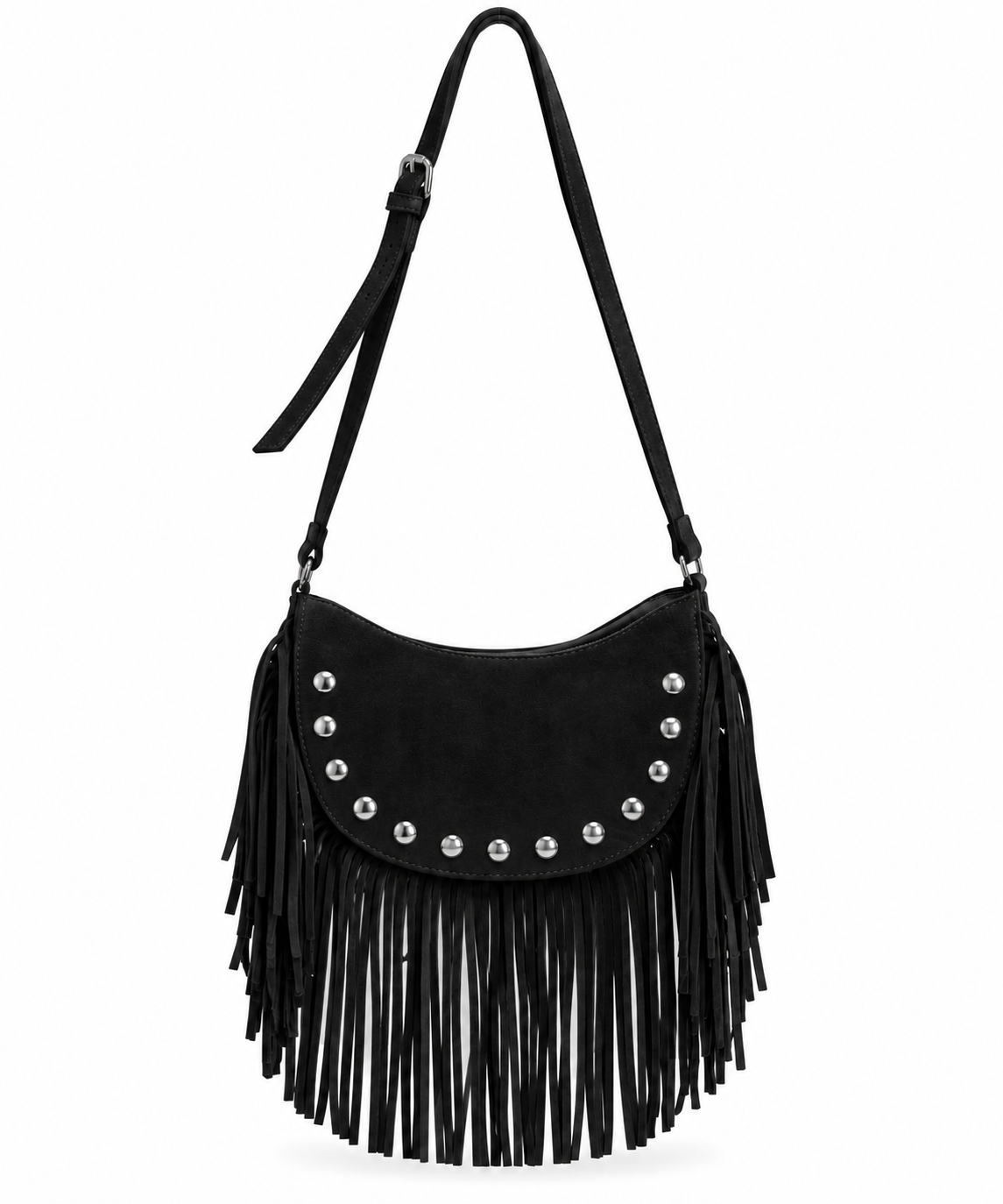 Bolso de hombro con flecos y estoperoles efecto gamuza – DURANGO
