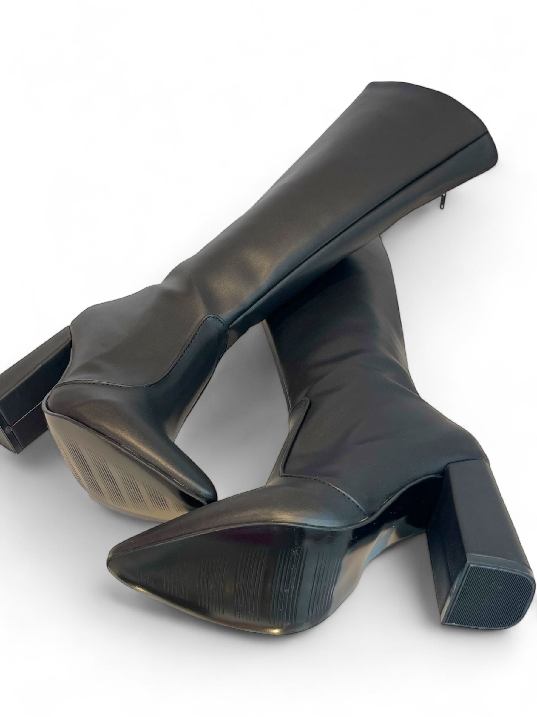 ATENA – Botas negras altas a la rodilla de tacón bloque de 9 cm