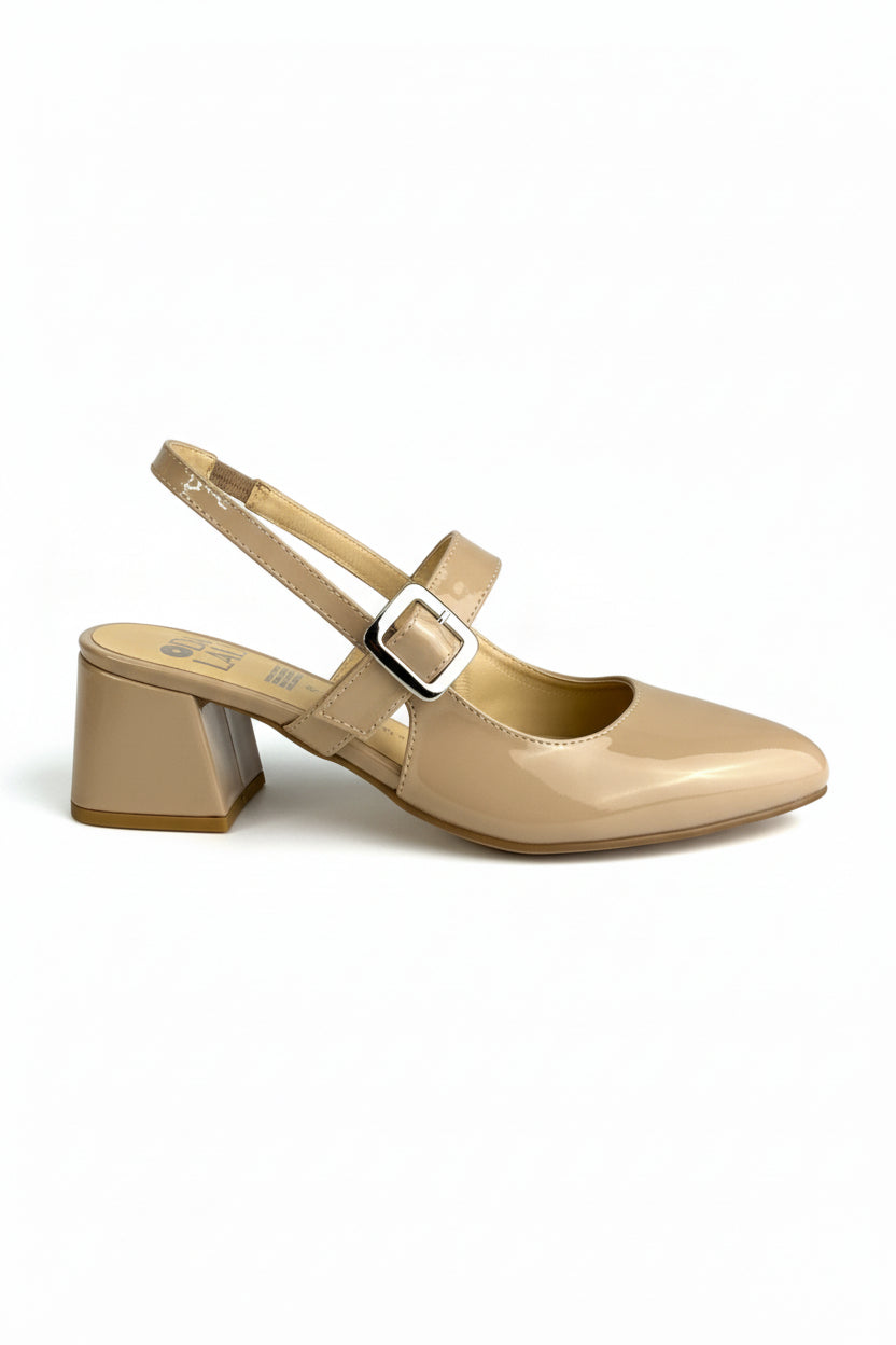 Mary Jane slingback charol beige con broche plateado y tacón bloque 3 cm, marca DALALI, tallas 23 a 26