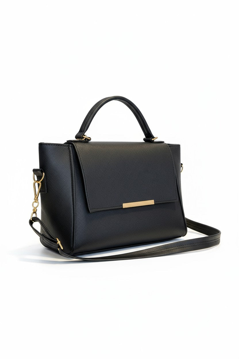 ALMA – Bolso estructurado con correa desmontable y detalle decorativo dorado