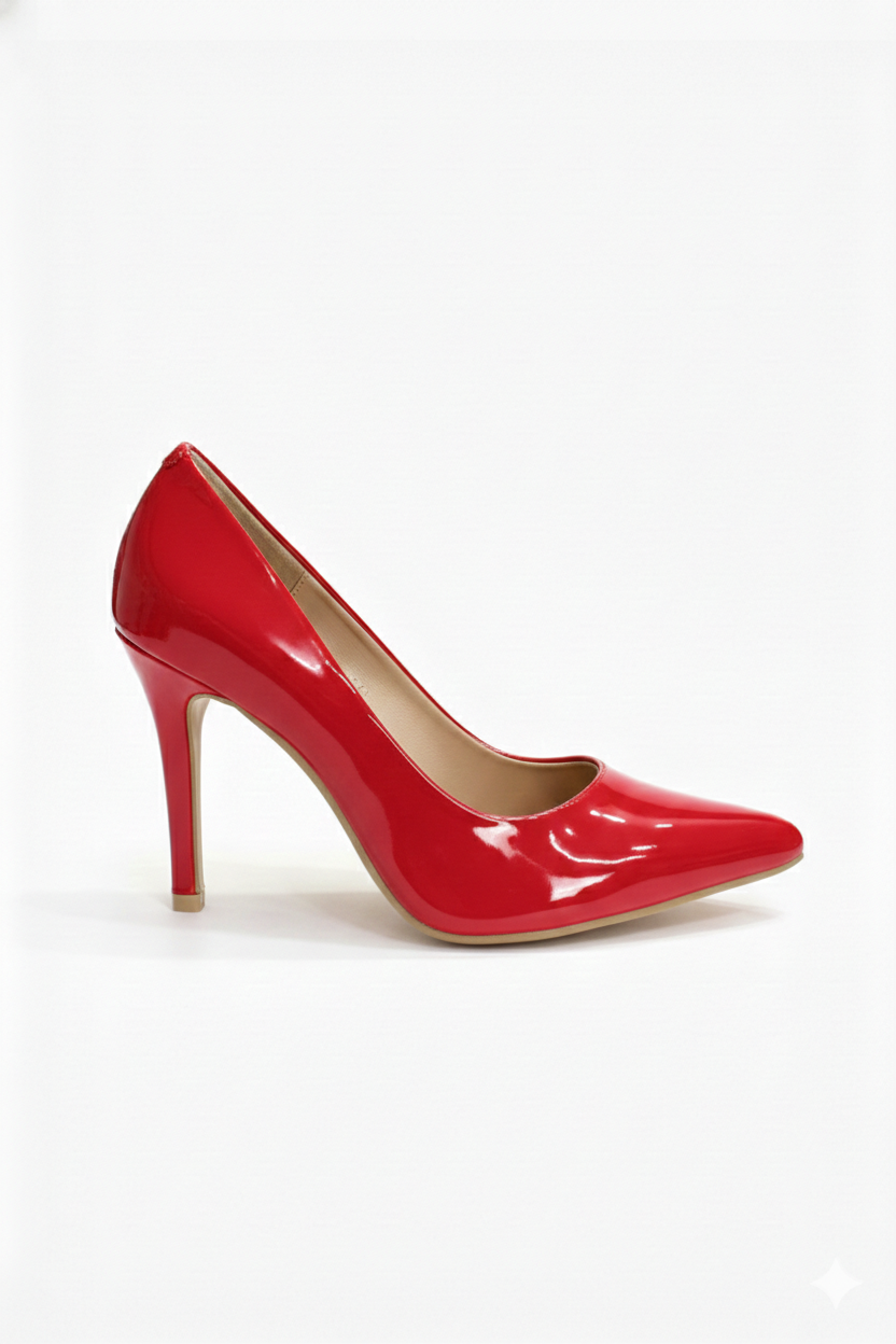 Zapatilla pump charol rojo punta fina con tacón aguja de 8 cm, marca DALALI, tallas 23 a 26