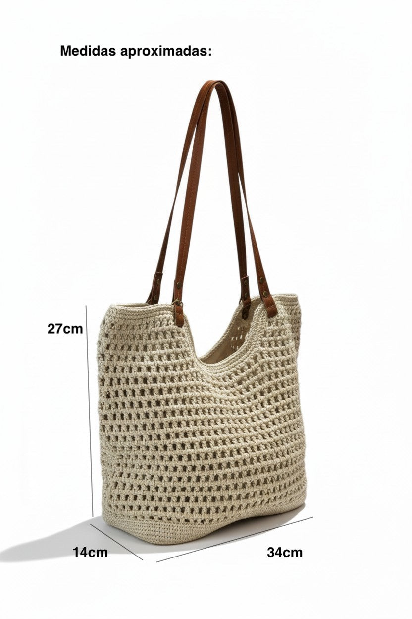 Bolsa de hombro tote crochet calada beige con correas de cuero café y herrajes dorados – DALALI