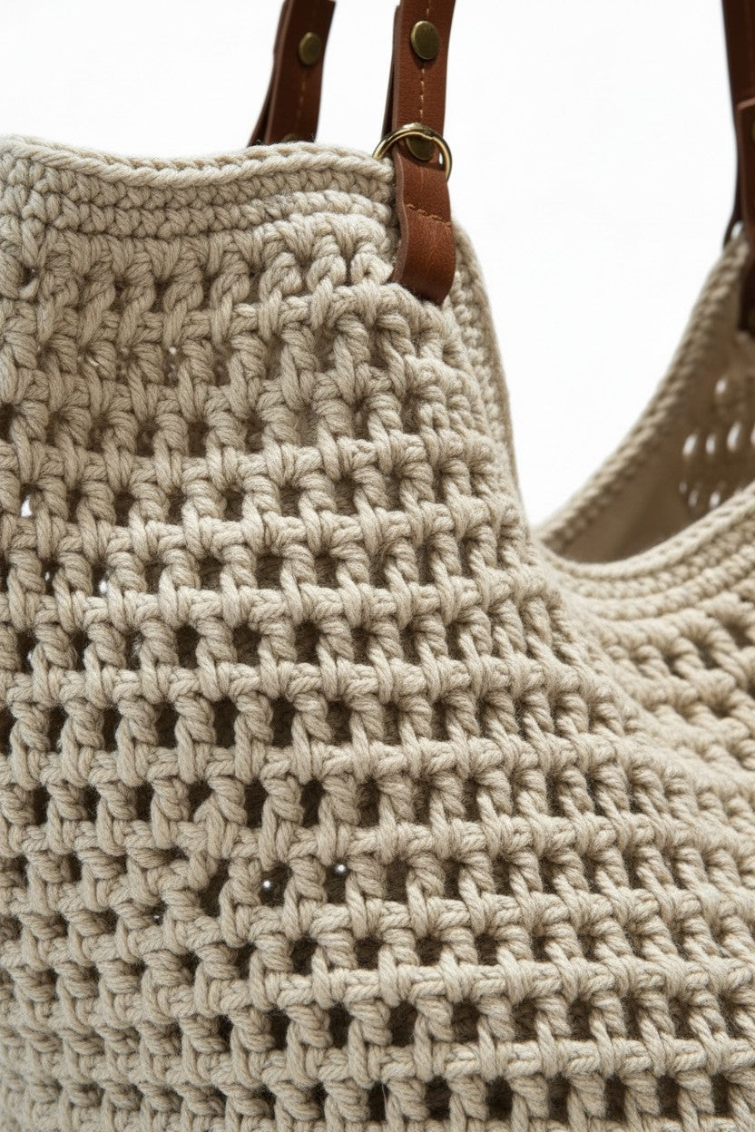 Bolsa de hombro tote crochet calada beige con correas de cuero café y herrajes dorados – DALALI
