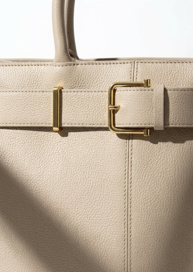 Bolsa de mano grande beige textura saffiano con cinturón y hebilla dorada cuadrada – DALALI