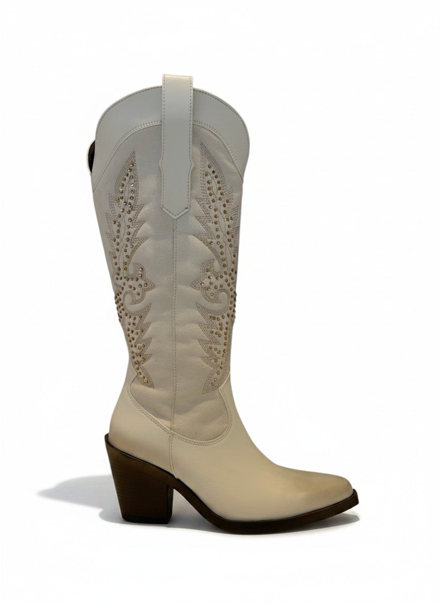 Bota vaquera hueso gamuza tachuelas doradas bordado caña alta – AURORA