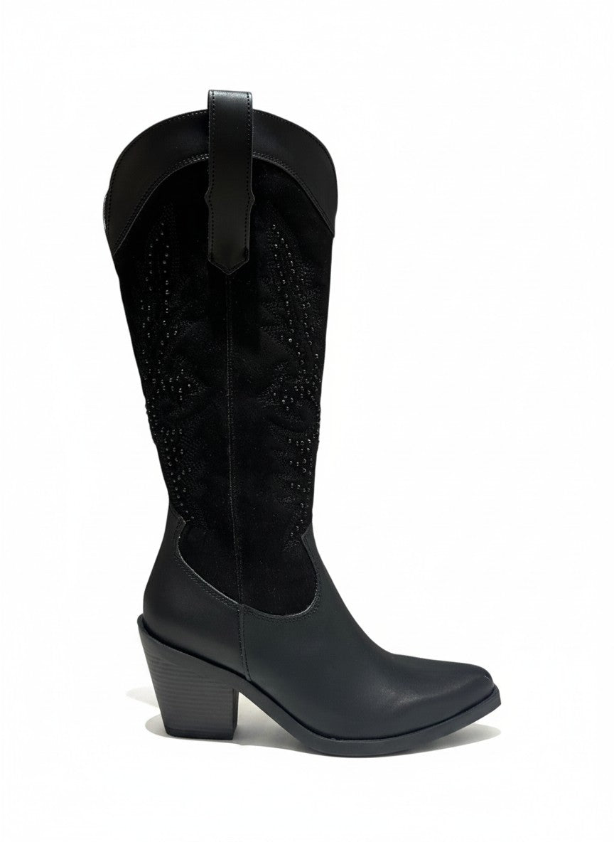 Bota vaquera hueso gamuza tachuelas doradas bordado caña alta – AURORA