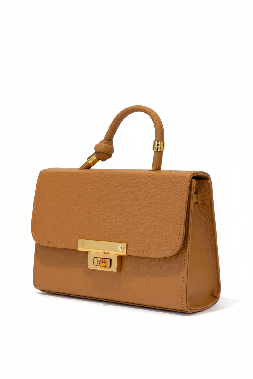 PRAGA – Bolsa mini estructurada con herraje dorado y asa con nudo decorativo