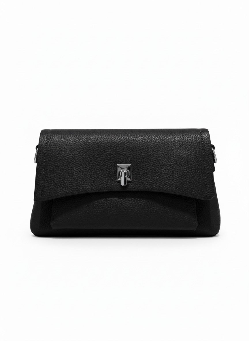 Bolso cruzado negro en sintético mate con herrajes plata y broche metálico, colección CADIZ de DALALI
