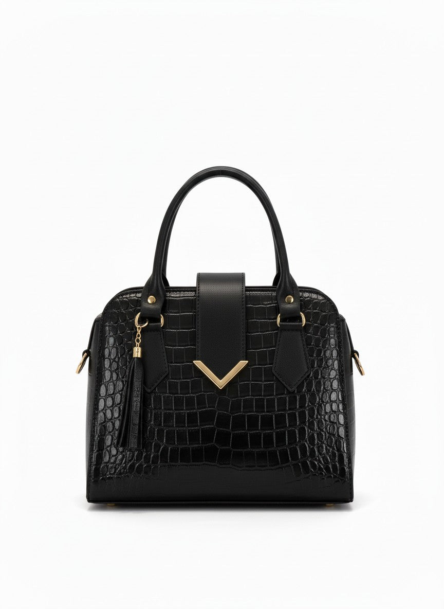 Bolsa negra de charol croco con doble asa y detalle dorado en V – NIZA
