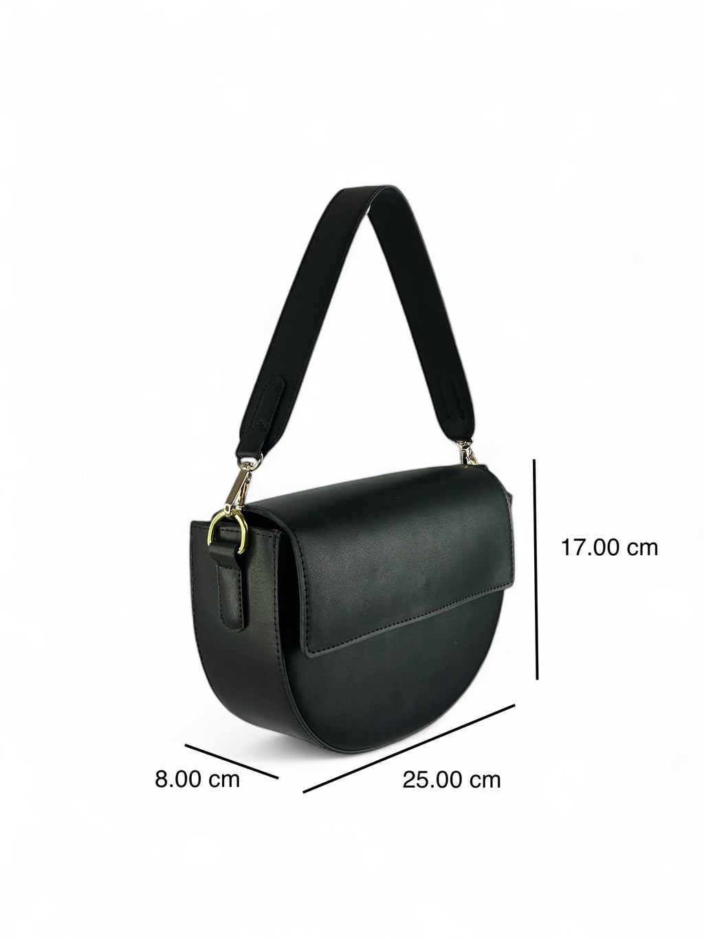 Bolso estructurado de estilo media luna, perfecto como accesorio de hombro o bandolera. COLOR NEGRO CON MEDIDAS