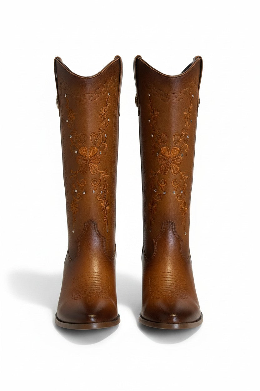 Bota vaquera bordado floral tacón 6cm – SABINA