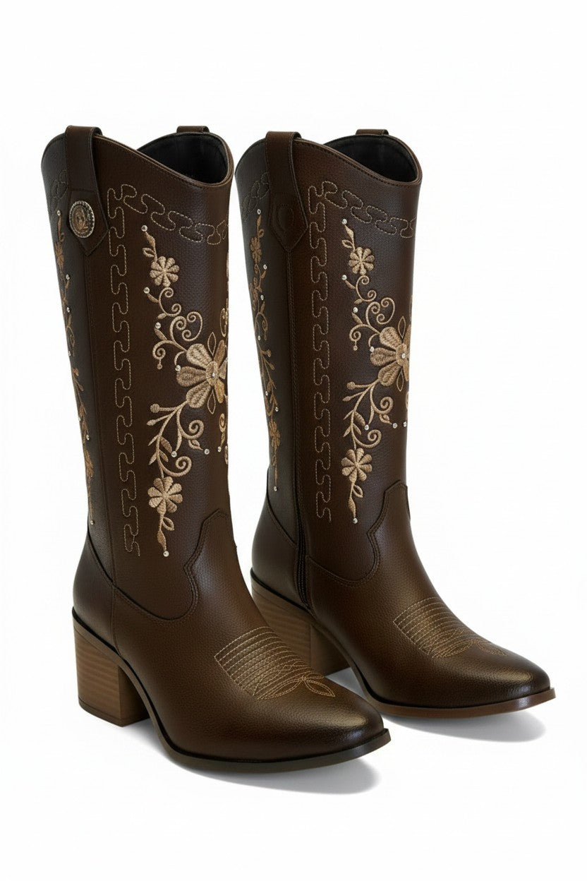 Bota vaquera bordado floral tacón 6cm – SABINA