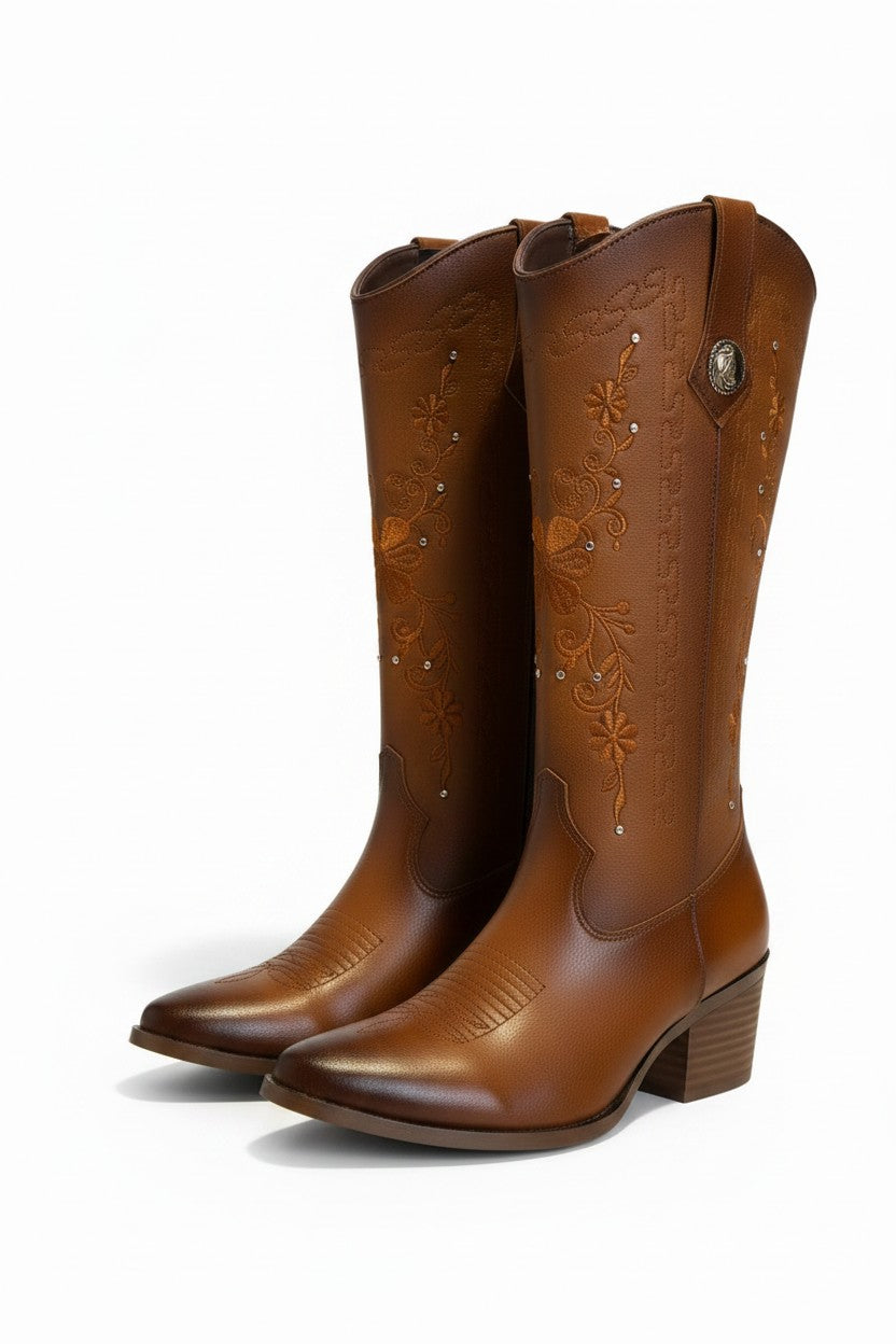 Bota vaquera bordado floral tacón 6cm – SABINA