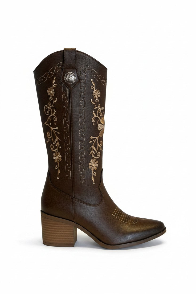 Bota vaquera bordado floral tacón 6cm – SABINA