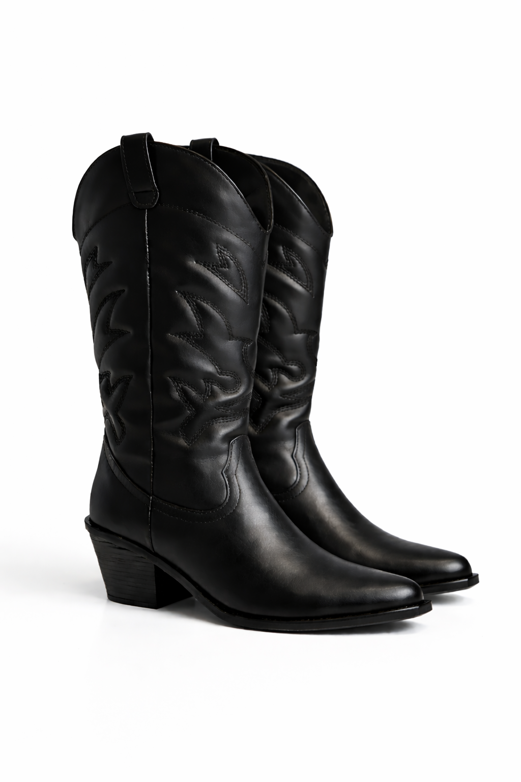 Bota vaquera negra caña media con bordado tonal y tacón bloque 6 cm, marca DALALI, tallas 23 a 26