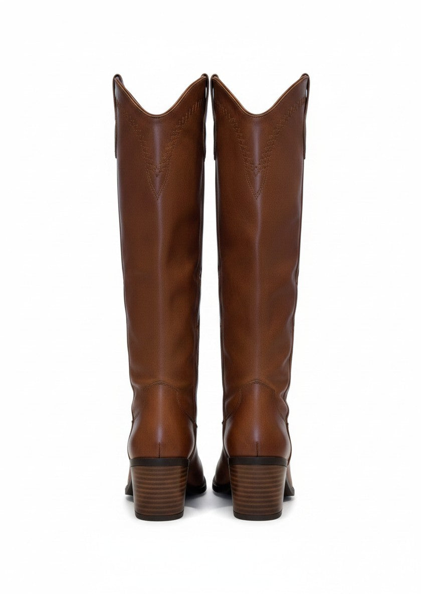 Bota vaquera café caña alta bordado floral tonal tacón bloque – SONORA