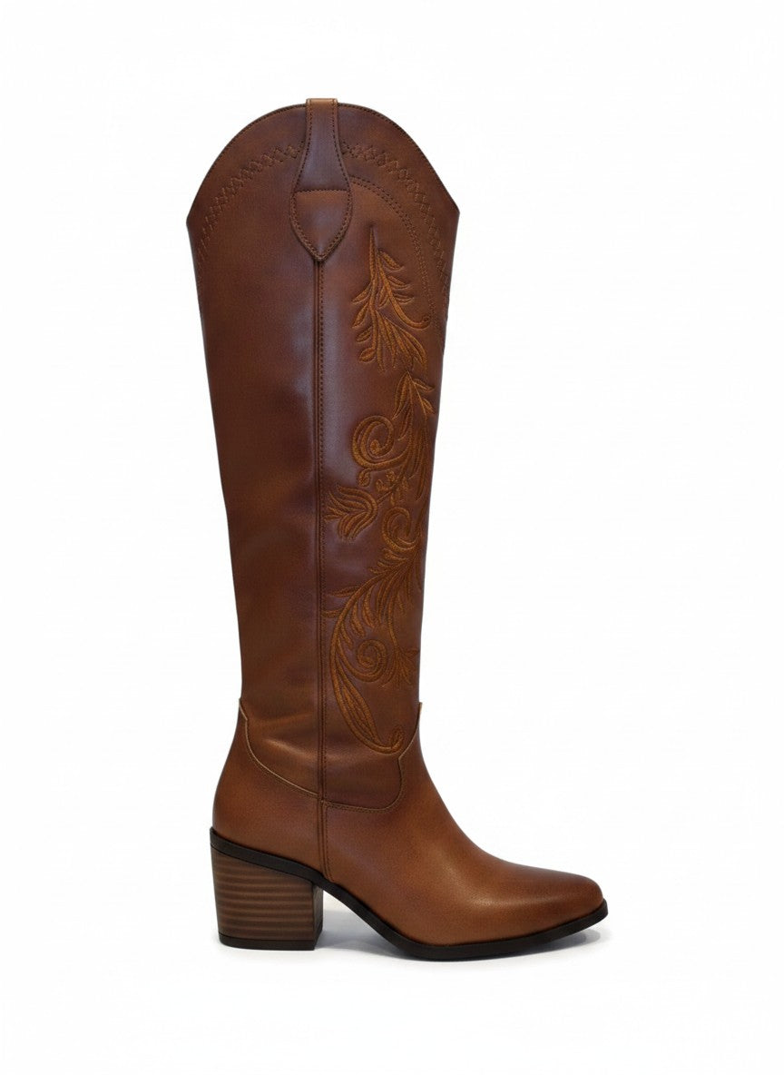 Bota vaquera café caña alta bordado floral tonal tacón bloque – SONORA