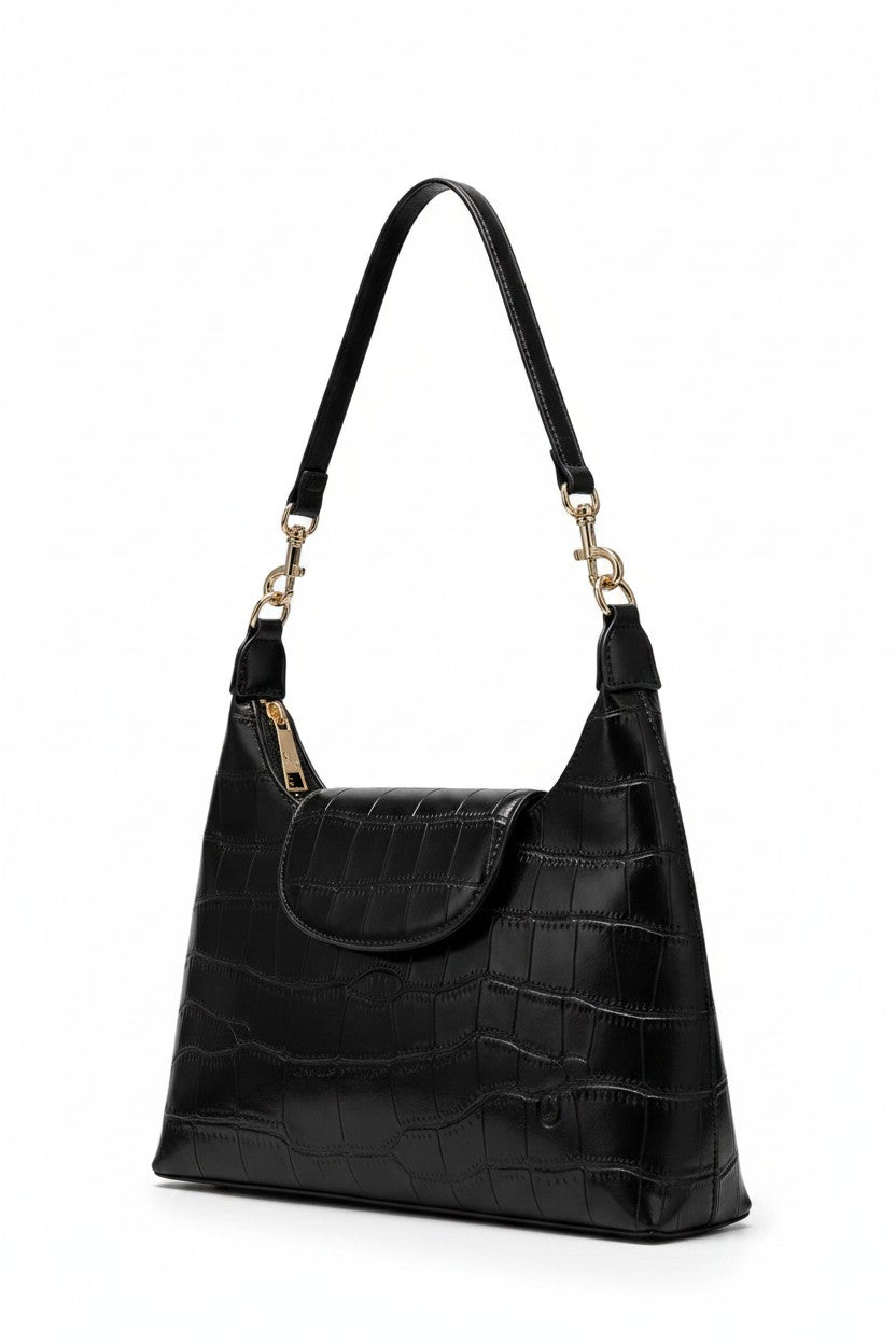Bolsa de hombro textura cocodrilo con solapa y correa larga – MIEL