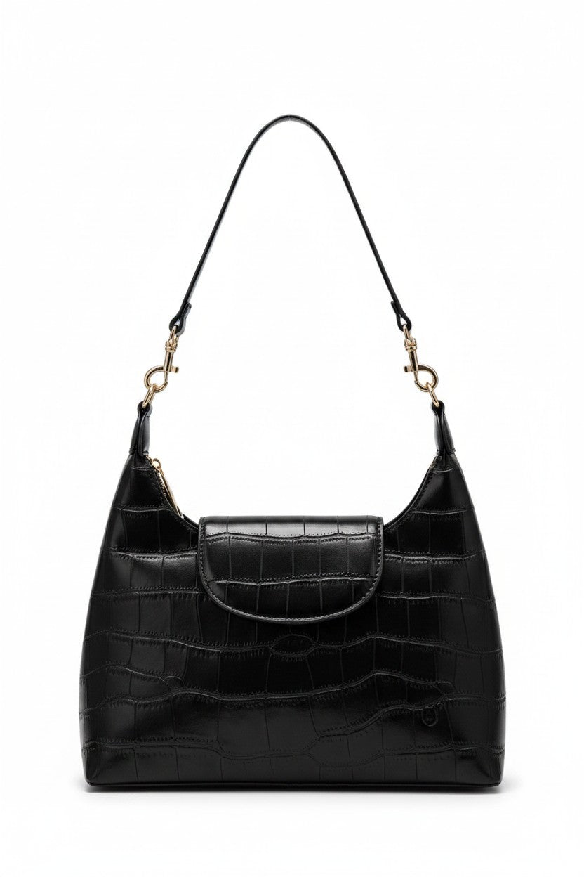 Bolsa de hombro textura cocodrilo con solapa y correa larga – MIEL