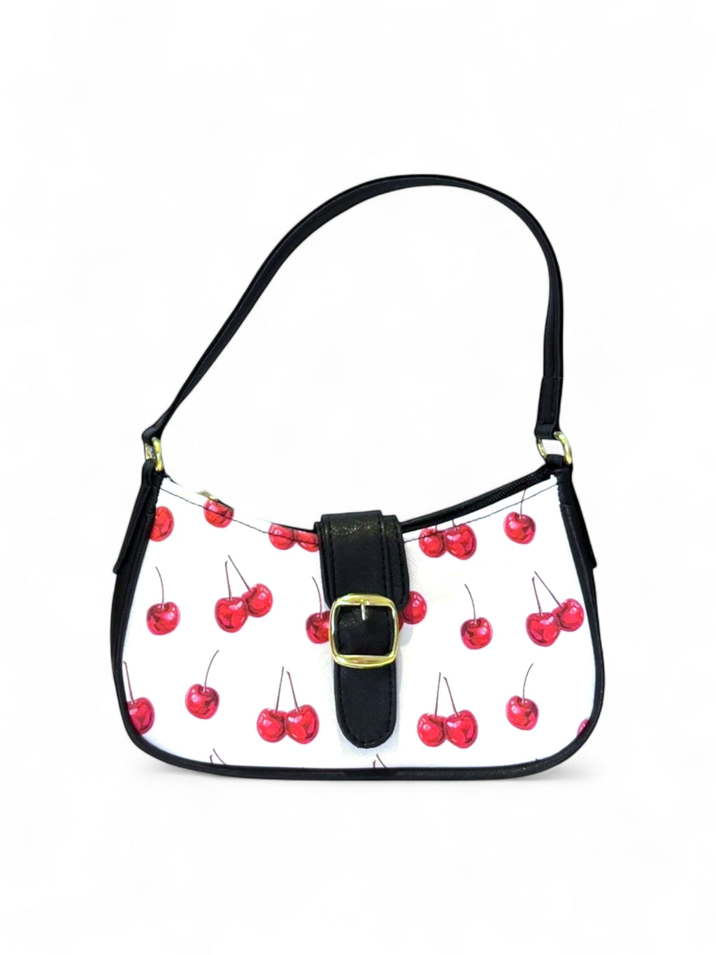 DALALI Bolsa mini tipo hobo con hebilla dorada y estampado de cerezas – disponible con asa roja o negra.