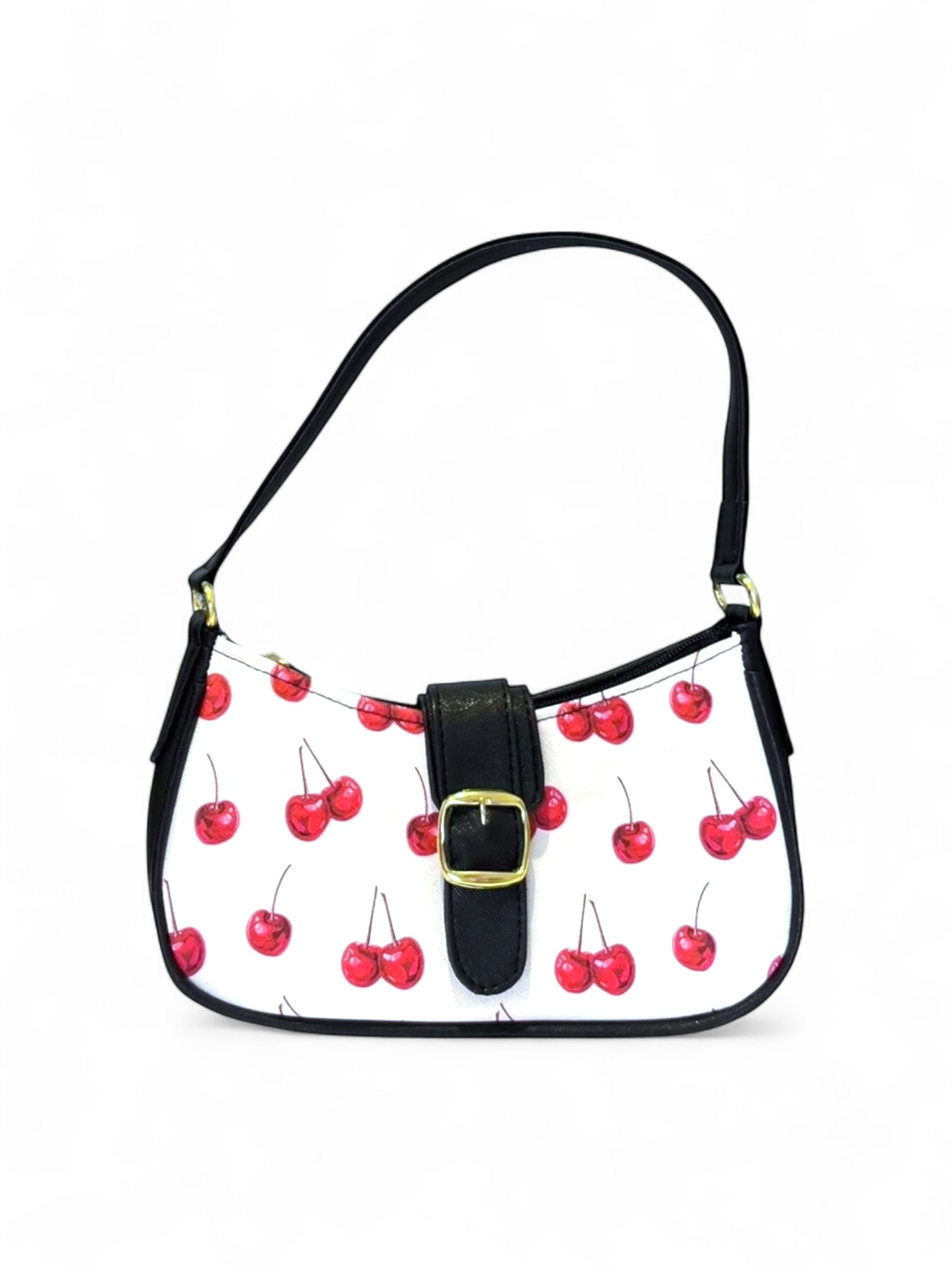 DALALI Bolsa mini tipo hobo con hebilla dorada y estampado de cerezas – disponible con asa roja o negra.