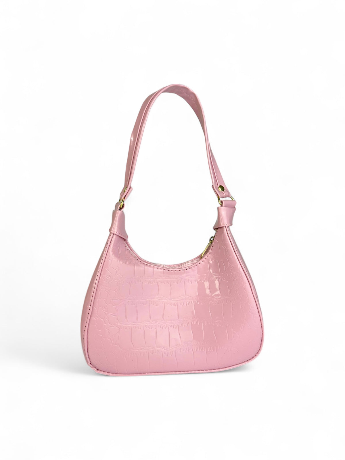 Bolsa de hombro mini tipo hobo color rosa con textura cocodrilo, vista lateral, medidas 21x34x9 cm