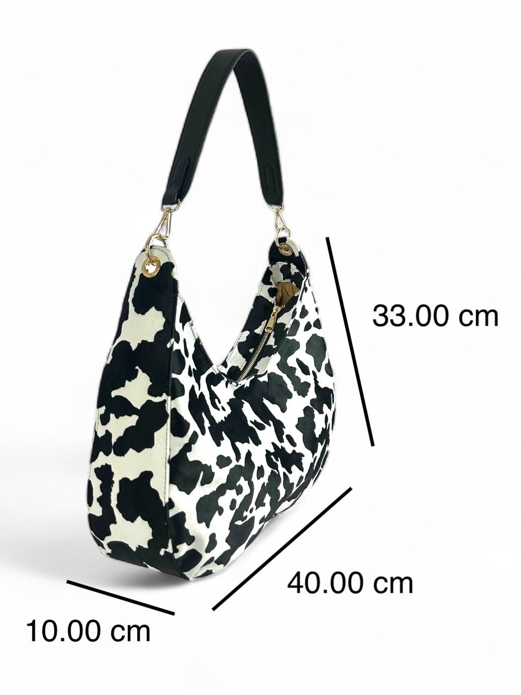 Bolsa hobo para mujer con estampado de vaca, diseño moderno y amplio compartimento con medidas