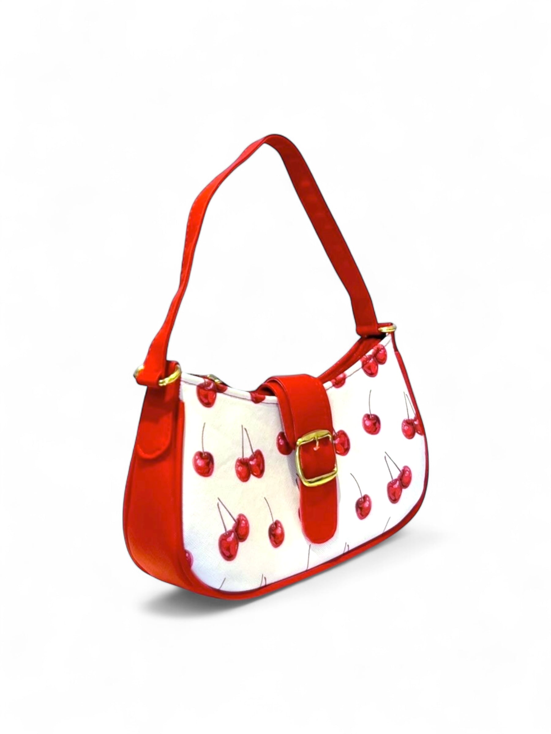 DALALI Bolsa mini tipo hobo con hebilla dorada y estampado de cerezas – disponible con asa roja o negra.