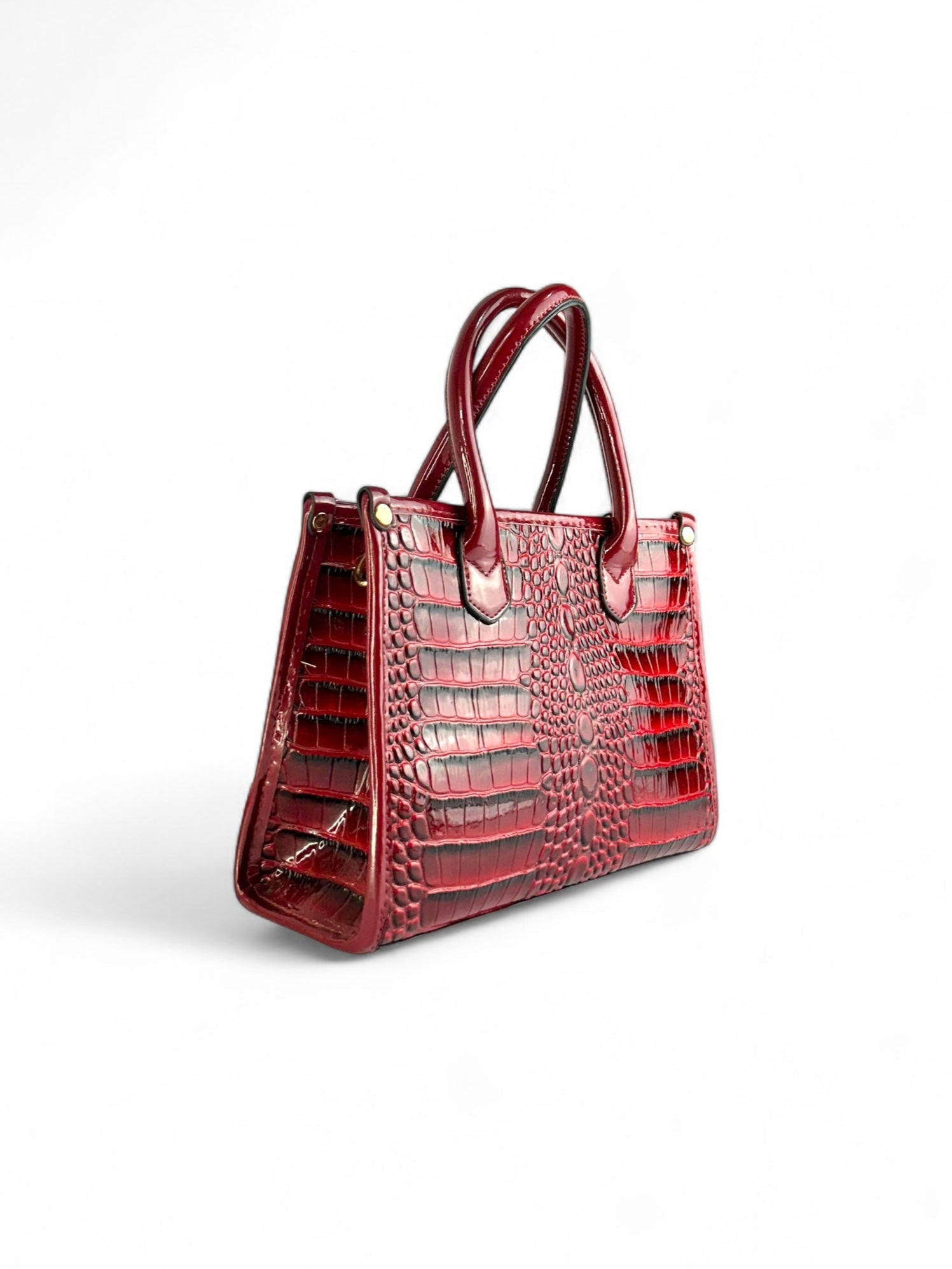 Bolsa roja de charol con textura cocodrilo, tamaño mediano, con asas cortas y correa desmontable