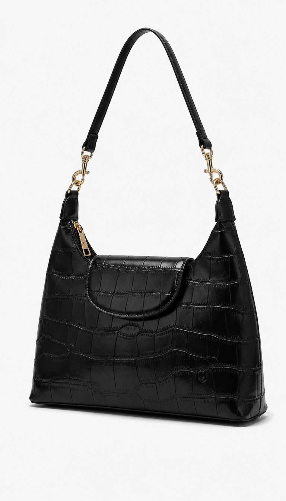 Bolsa de hombro negro textura cocodrilo con solapa, botón imán y herrajes dorados – DALALI