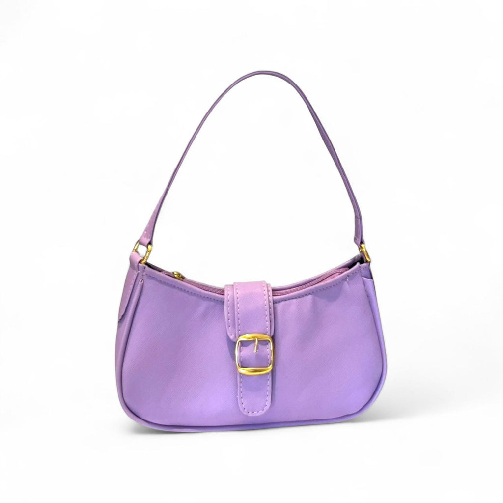 DALALI Bolsa mini tipo hobo con hebilla decorativa dorada – disponible en verde esmeralda y lila lavanda.