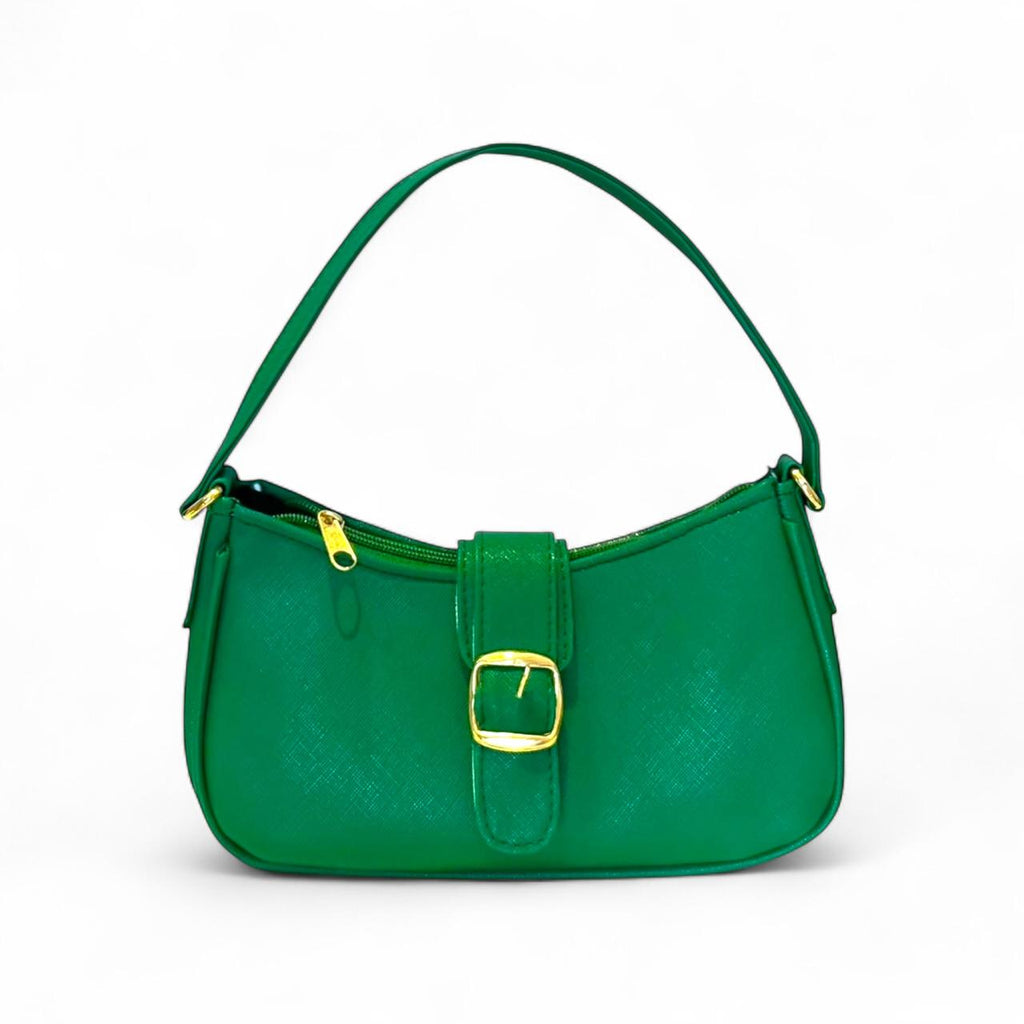 DALALI Bolsa mini tipo hobo con hebilla decorativa dorada – disponible en verde esmeralda y lila lavanda.