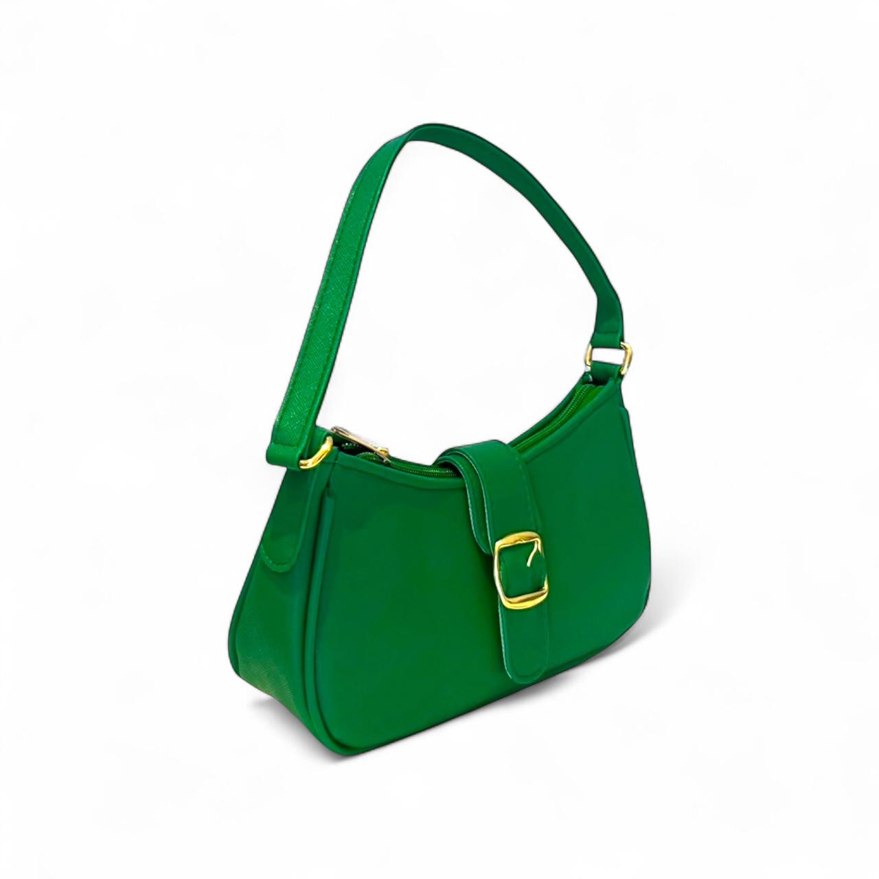 DALALI Bolsa mini tipo hobo con hebilla decorativa dorada – disponible en verde esmeralda y lila lavanda.
