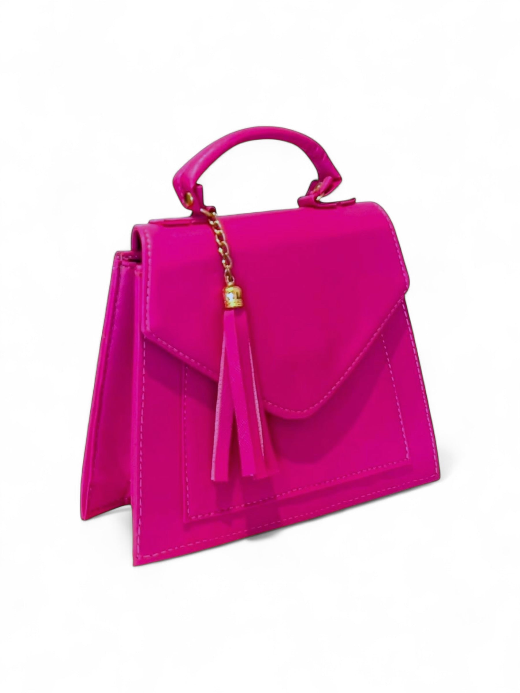 DALALI Bolsa mini tipo handbag con asa superior y borla dorada – color fucsia vibrante.