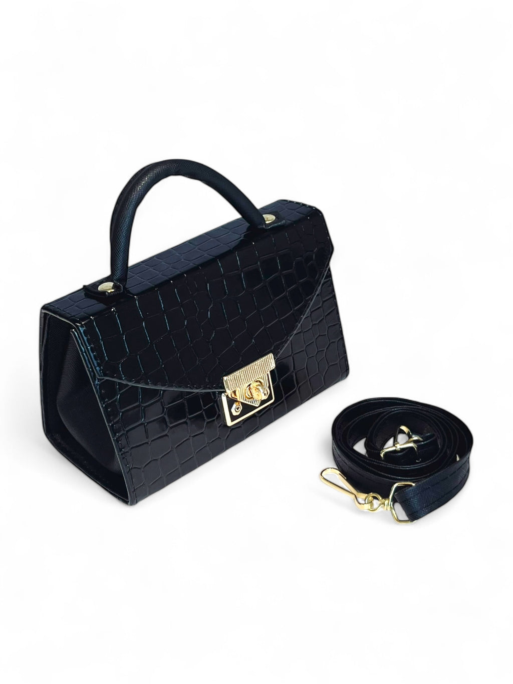 Bolsa para salidas casuales o para niñas pequeñas que desean una bolsa negra de tipo charol con correa desmontable en color negro
