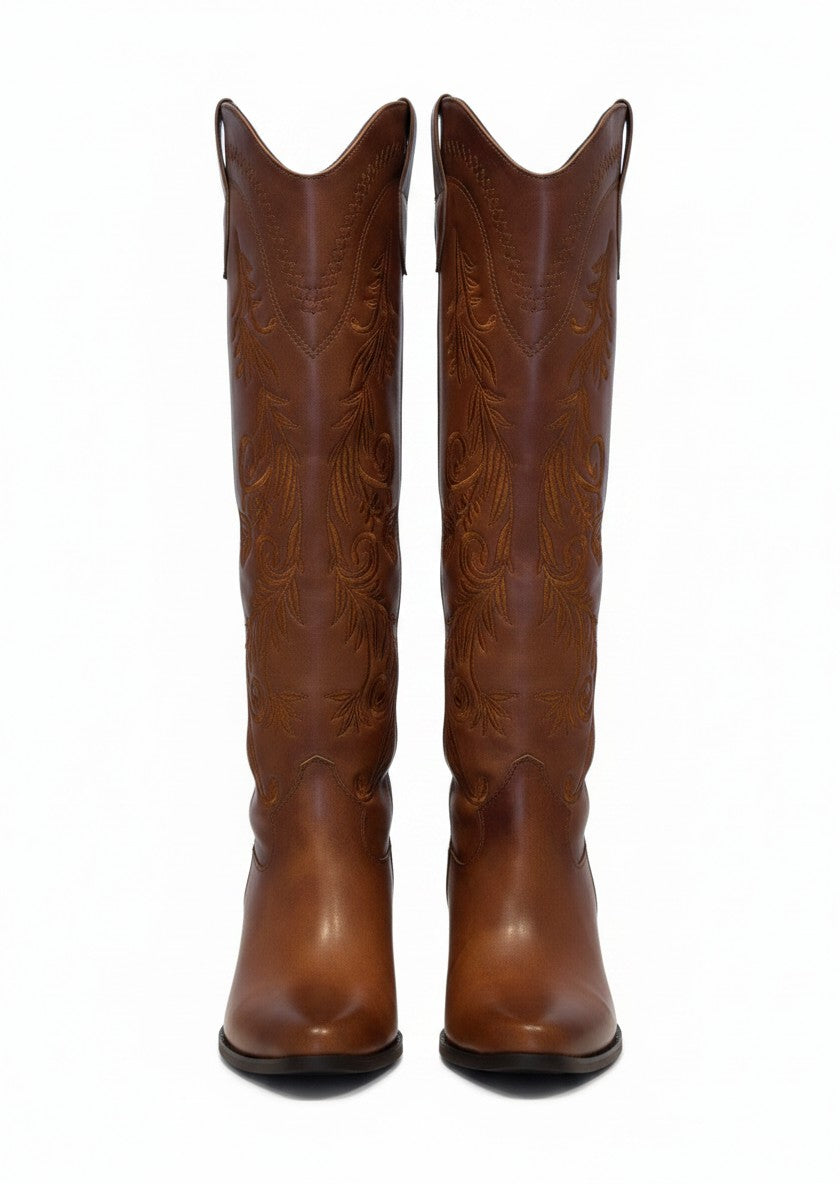 Bota vaquera café caña alta bordado floral tonal tacón bloque – SONORA
