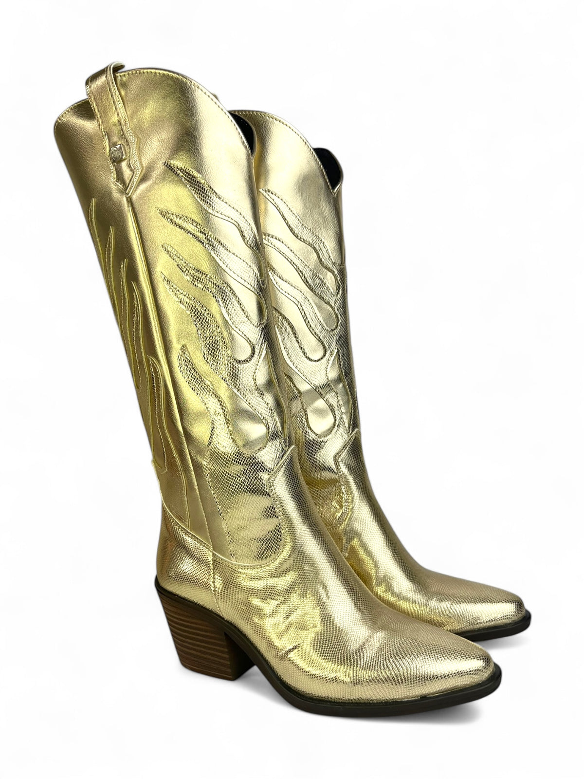 GALAXIA – Bota vaquera metálica con diseño de llamas