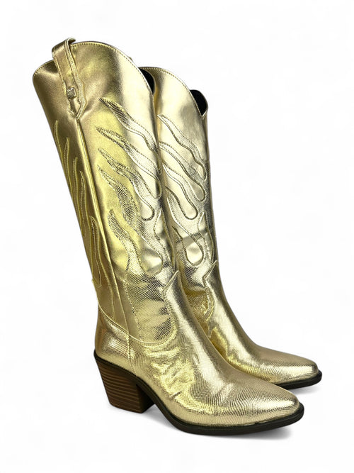 Botas vaqueras metalizadas para mujer – Charol con llamas en dorado o plateado