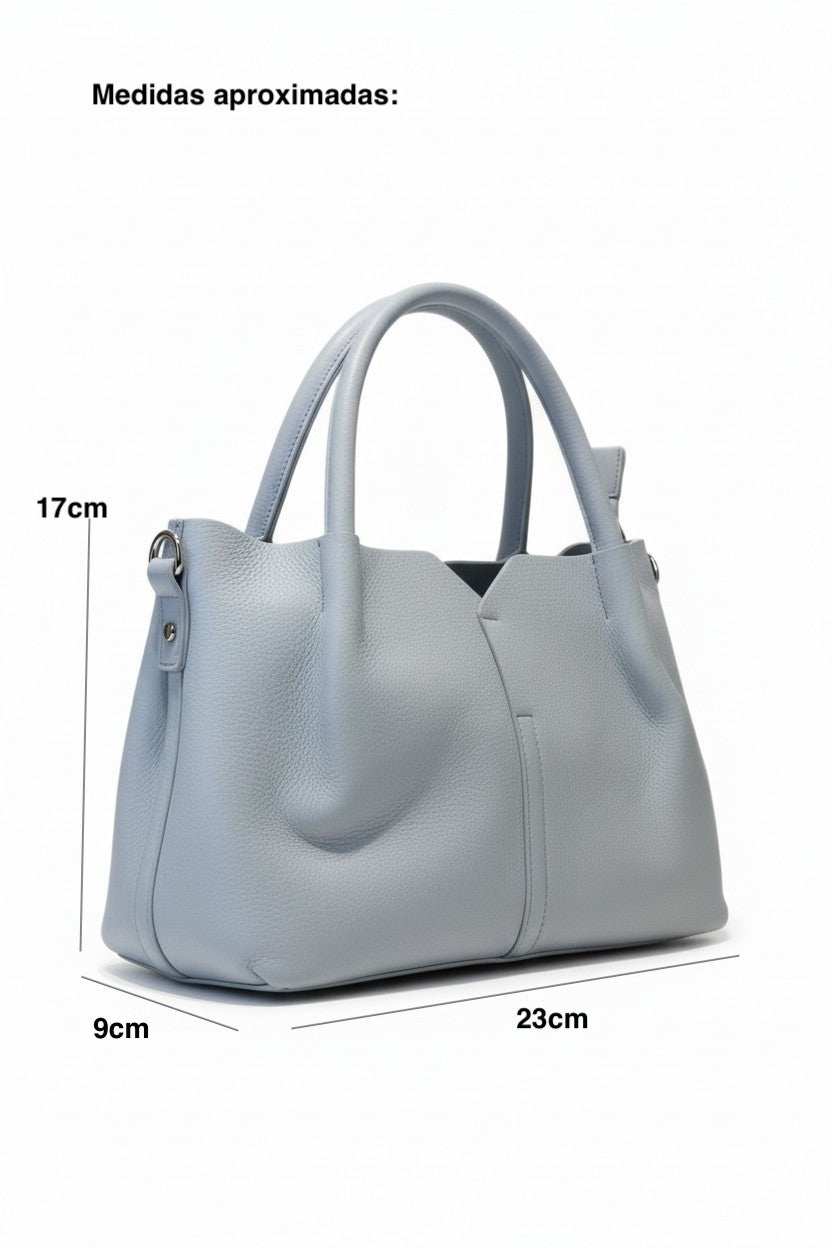 Bolsa de mano azul cielo textura pebbled tipo soft tote con asas dobles y herrajes dorados – DALALI