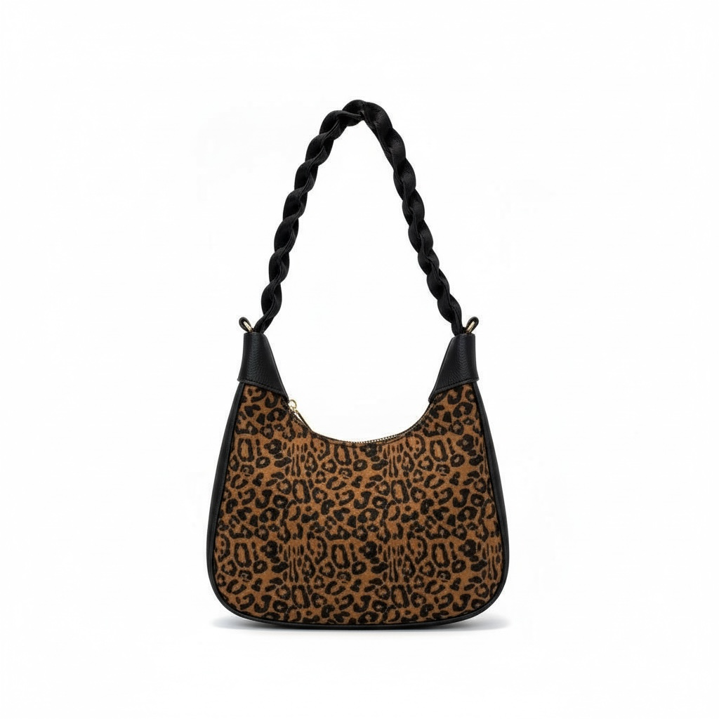 ALESSIA - Bolsa mini de forma media luna con asa trenzada y estampado animal print